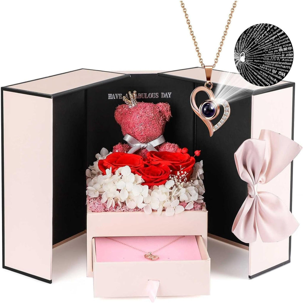 Rose Box Eternity Roses Bear Necklace Jewelry Gift