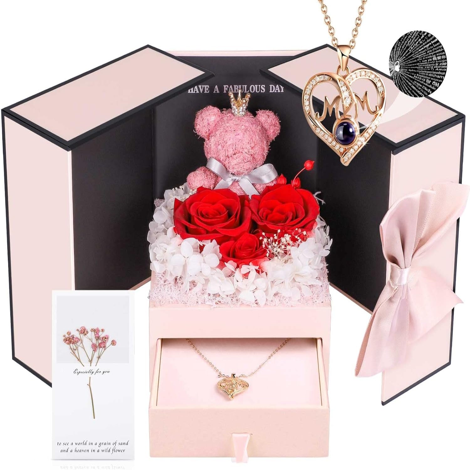 Rose Box Eternity Roses Bear Necklace Jewelry Gift