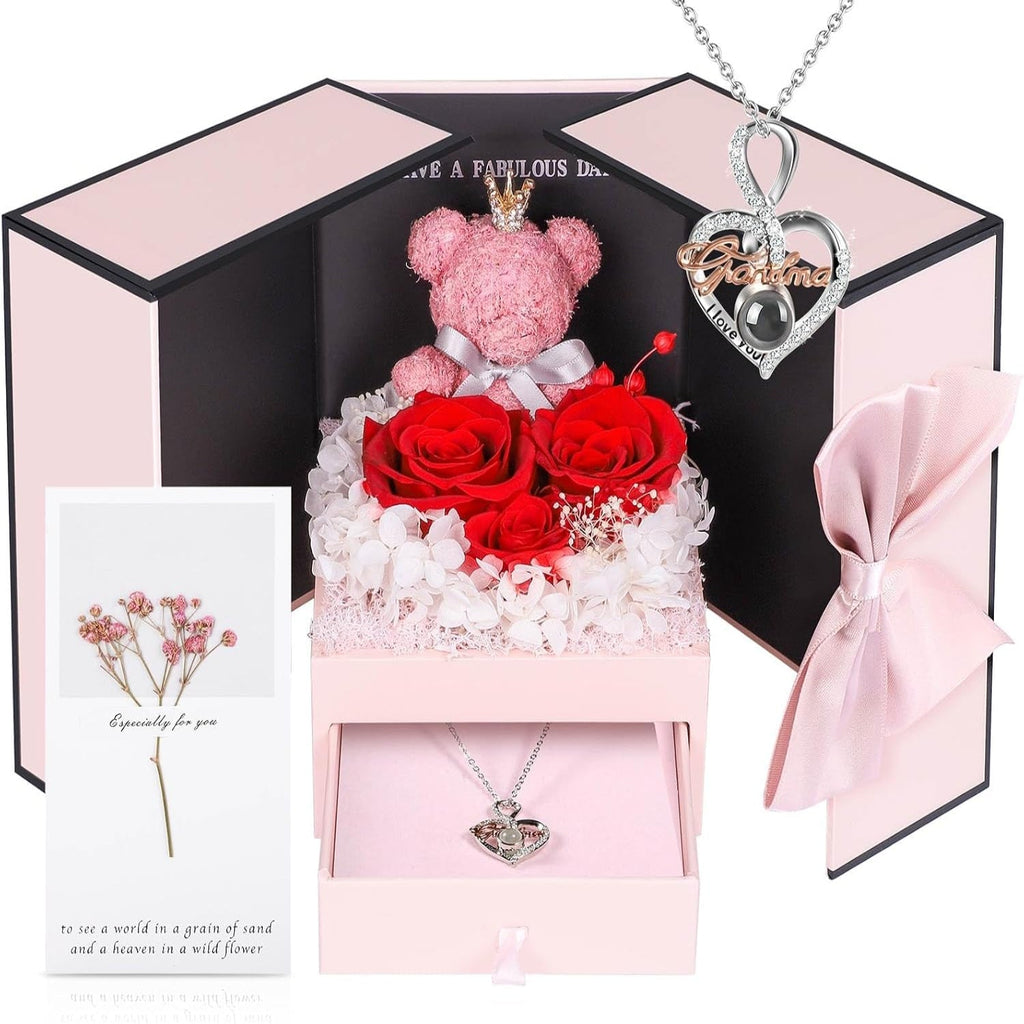 Rose Box Eternity Roses Bear Necklace Jewelry Gift