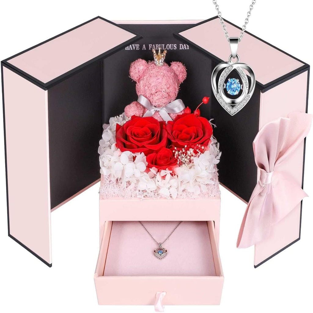 Rose Box Eternity Roses Bear Necklace Jewelry Gift