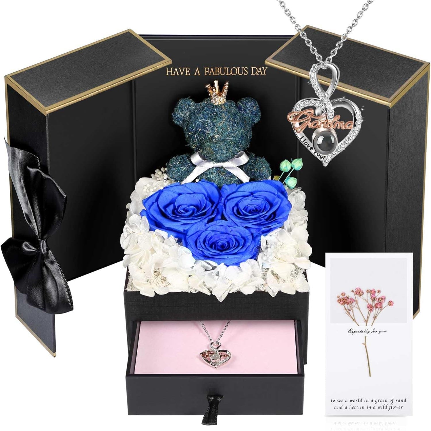 Rose Box Eternity Roses Bear Necklace Jewelry Gift