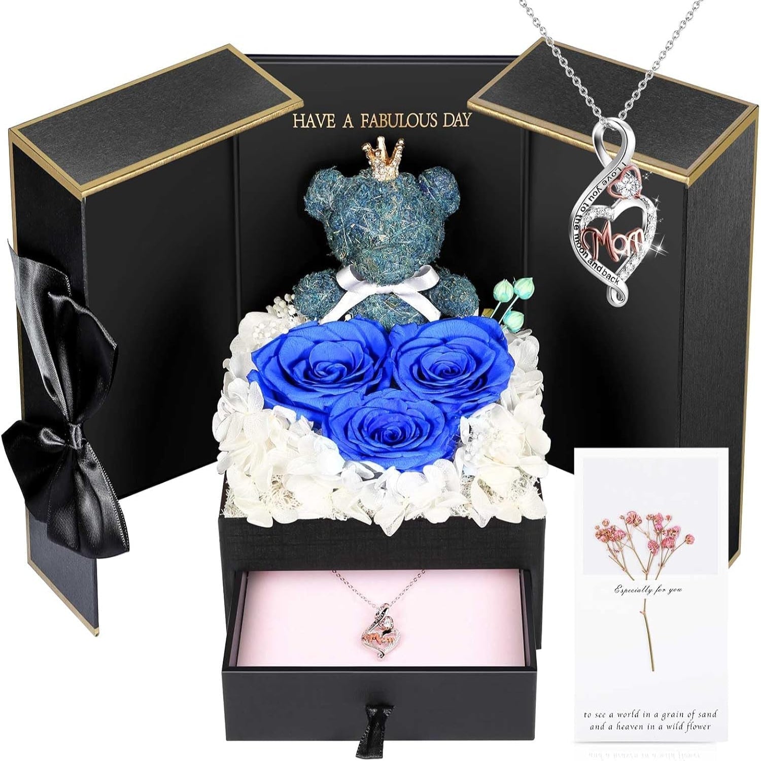 Rose Box Eternity Roses Bear Necklace Jewelry Gift