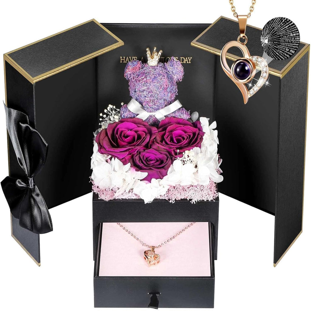 Rose Box Eternity Roses Bear Necklace Jewelry Gift