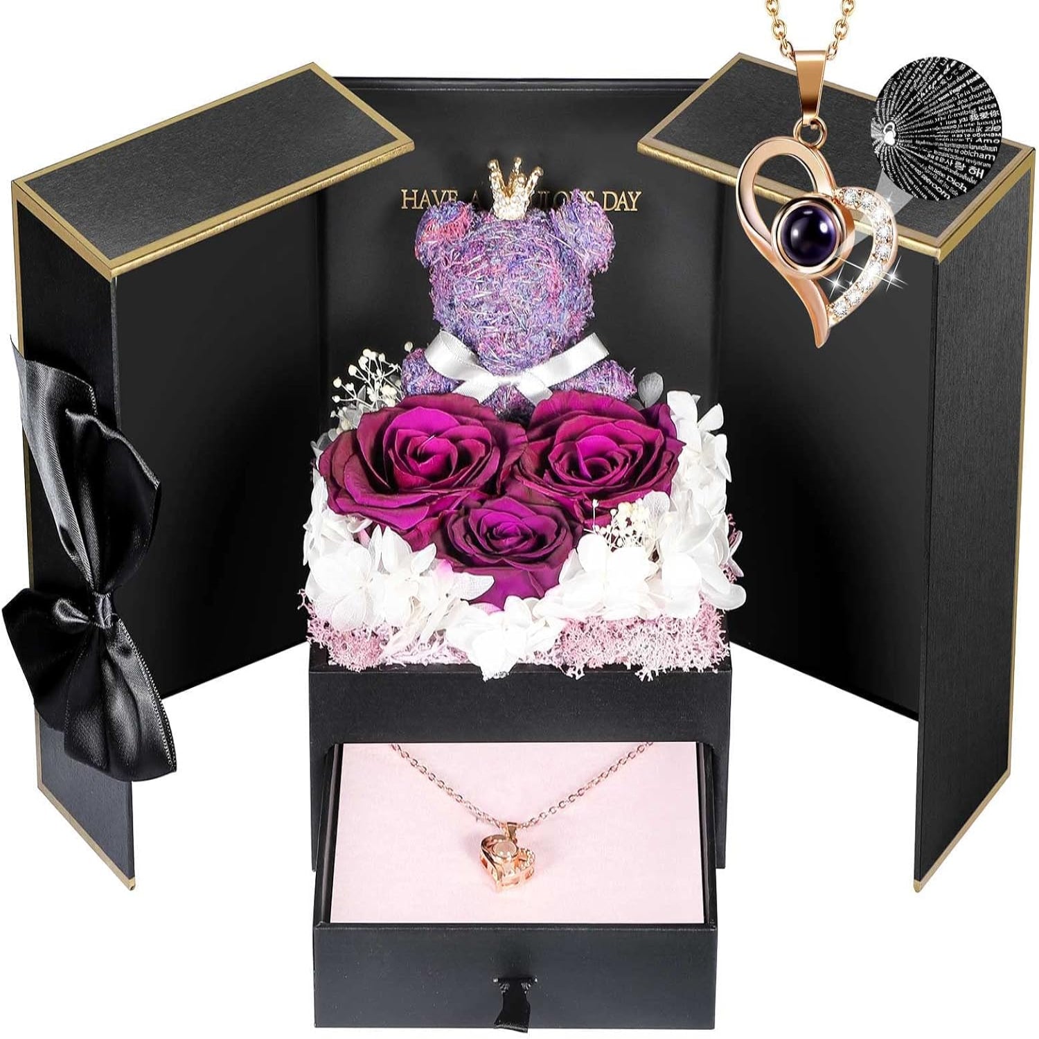 Rose Box Eternity Roses Bear Necklace Jewelry Gift