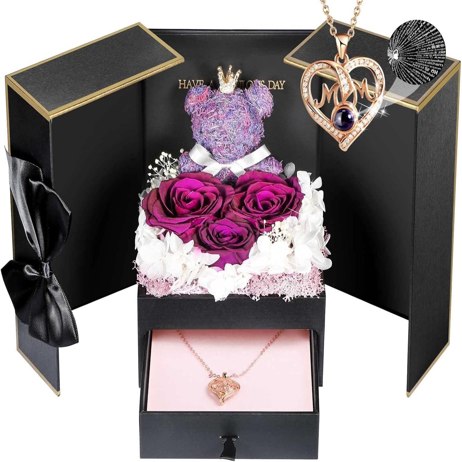 Rose Box Eternity Roses Bear Necklace Jewelry Gift