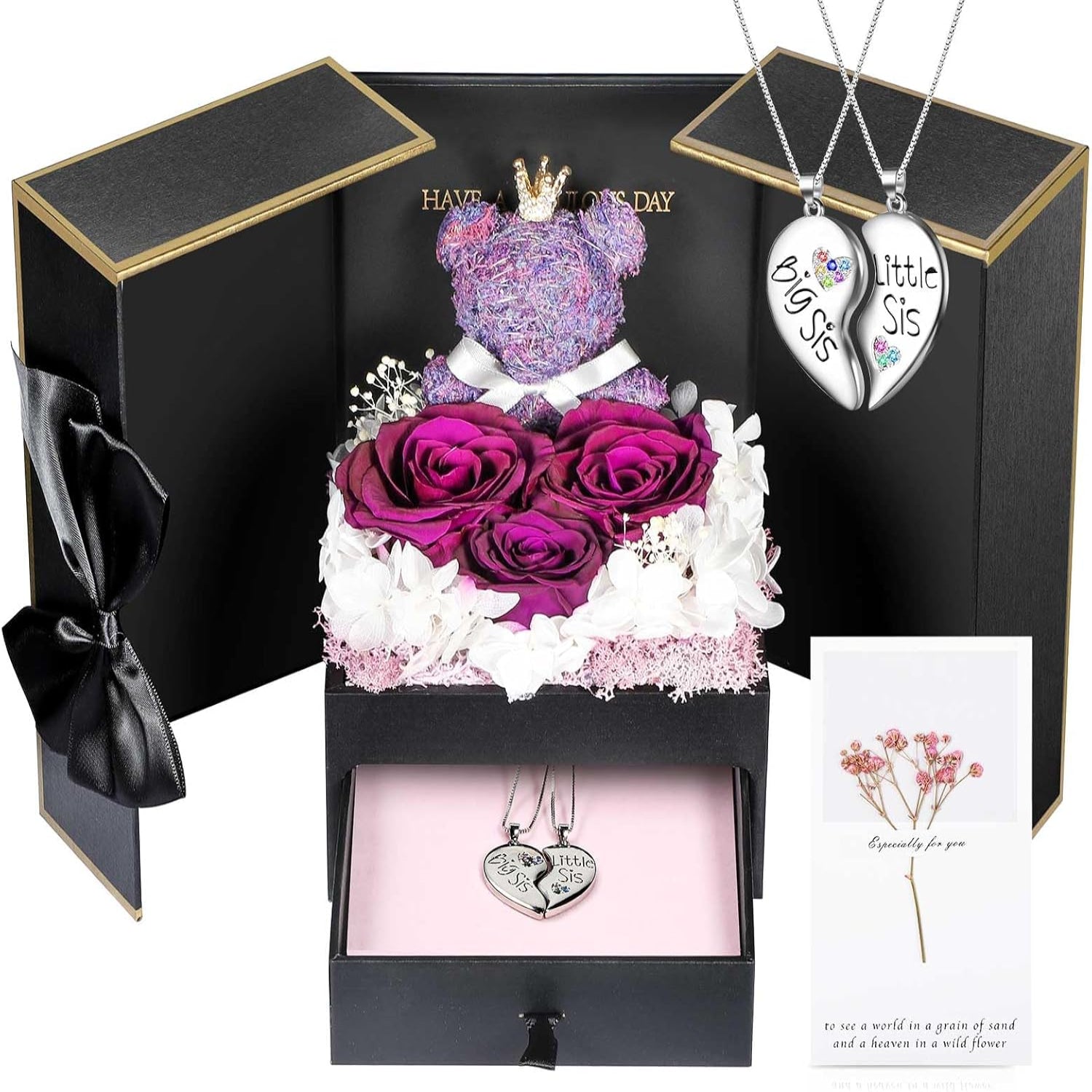 Rose Box Eternity Roses Bear Necklace Jewelry Gift