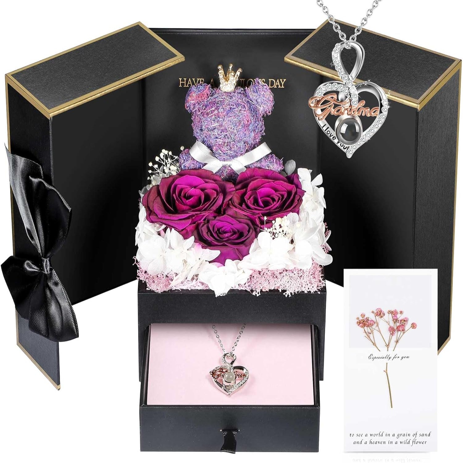 Rose Box Eternity Roses Bear Necklace Jewelry Gift