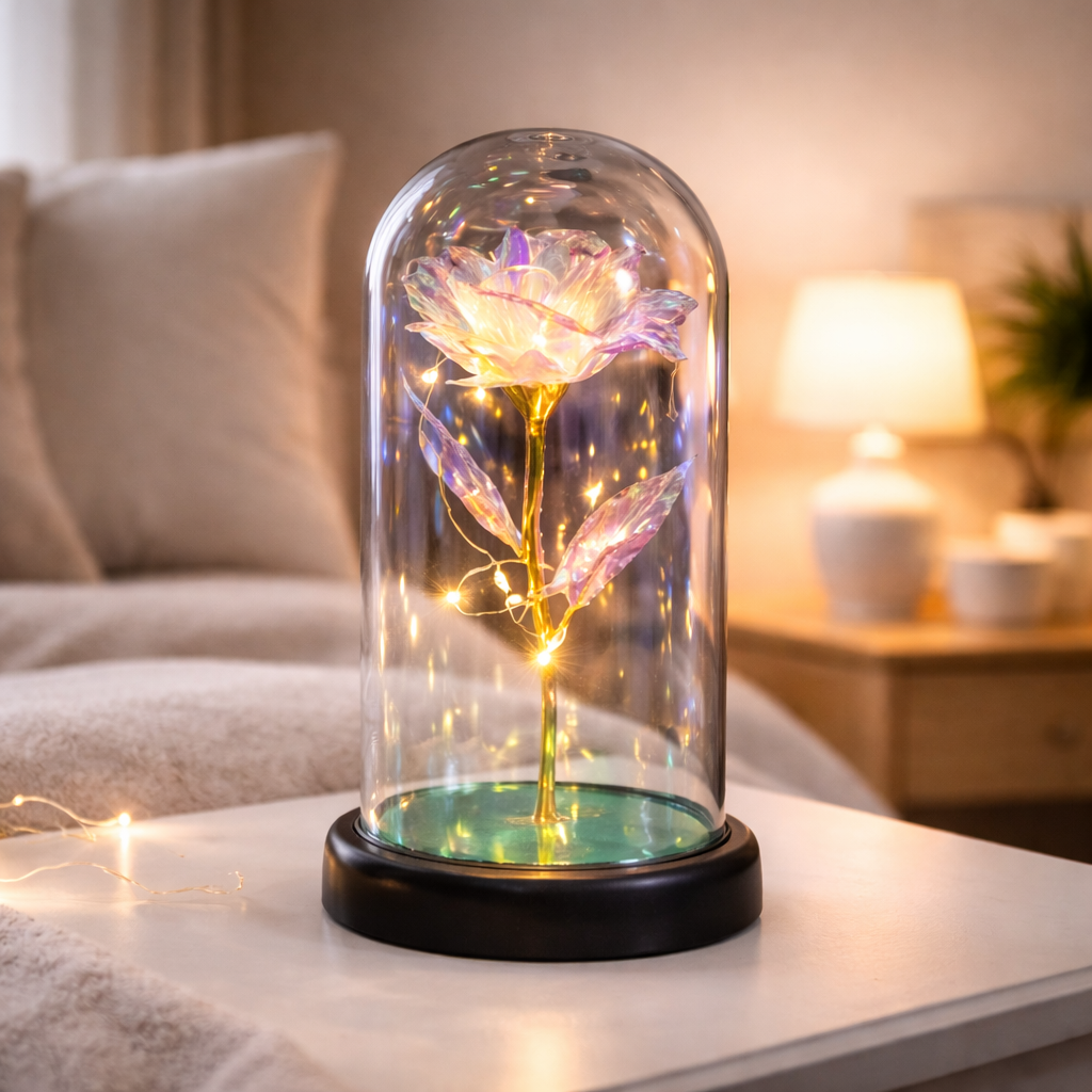 Rose Glass Dome Preserved Flower Decorative LED Display