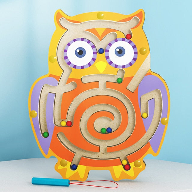 Magnetic Maze Toy, Wooden Owl Design with Wand