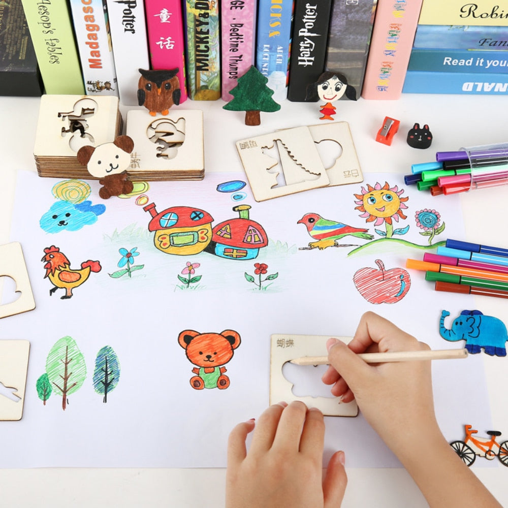 Wooden Drawing Stencils with 20 Engraved Templates