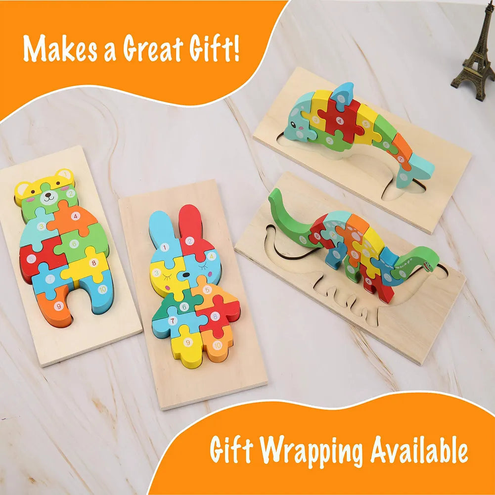 Wooden Animal Puzzles, Numbered 4-Pack for Toddlers