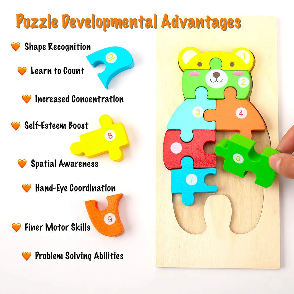 Wooden Animal Puzzles, Numbered 4-Pack for Toddlers