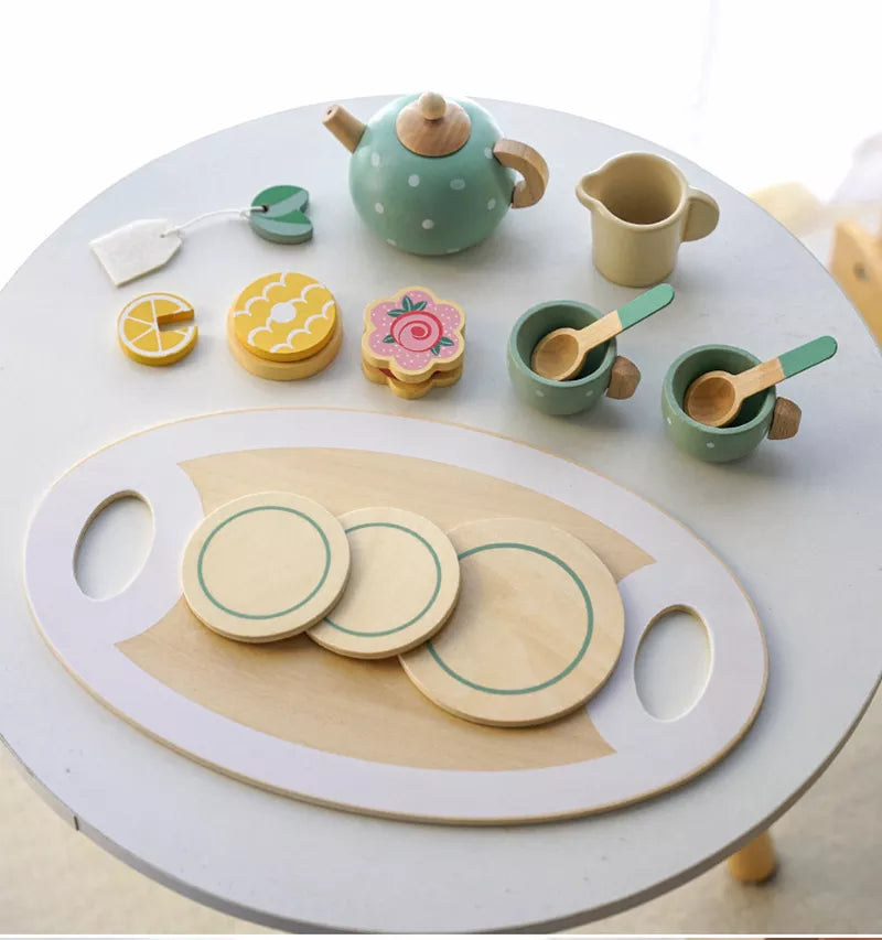 Wooden Tea Set for Pretend Play with Polka Dot Teapot