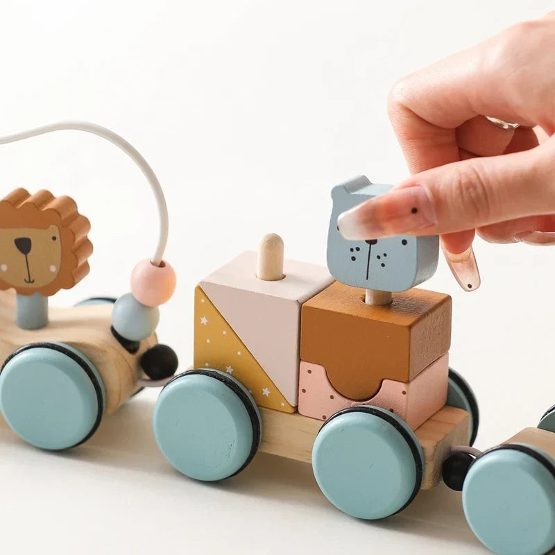 Wooden Pull Toy Train with Stacking Animals and Shapes