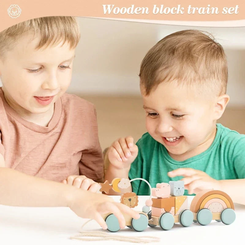 Wooden Pull Toy Train with Stacking Animals and Shapes