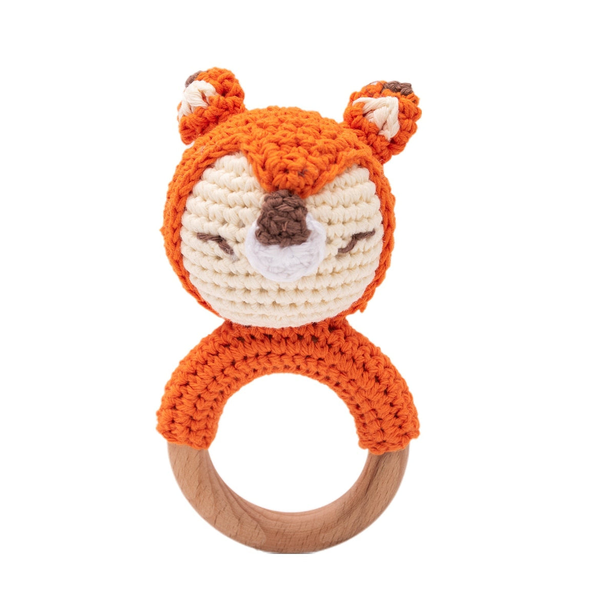 Crochet Baby Teether with Wooden Ring and Animal Design