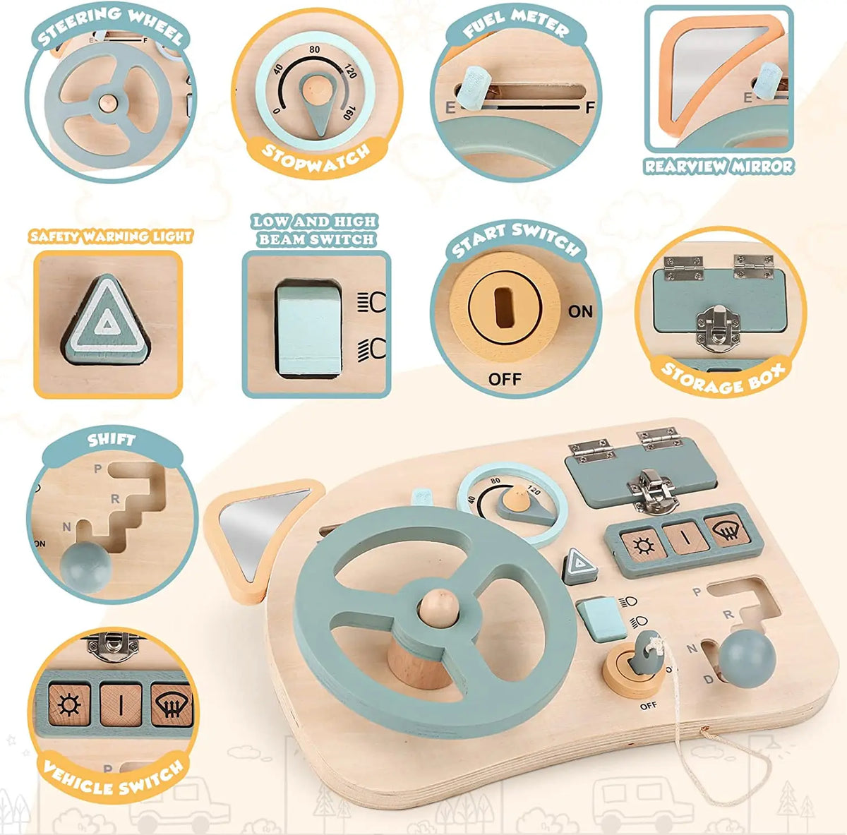 Wooden Steering Wheel Toy Dashboard with Interactive Controls