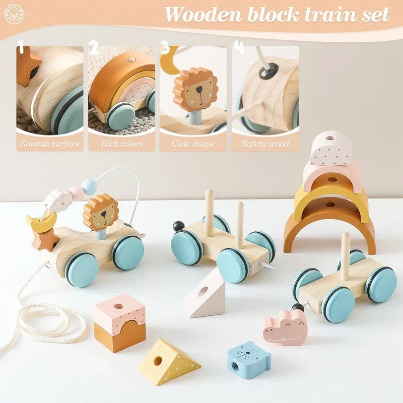 Wooden Pull Toy Train with Stacking Animals and Shapes