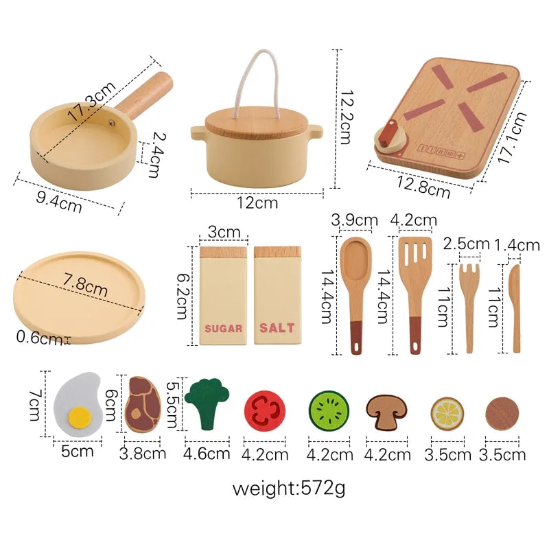 Wooden Kitchen Playset with Cooking Utensils and Food