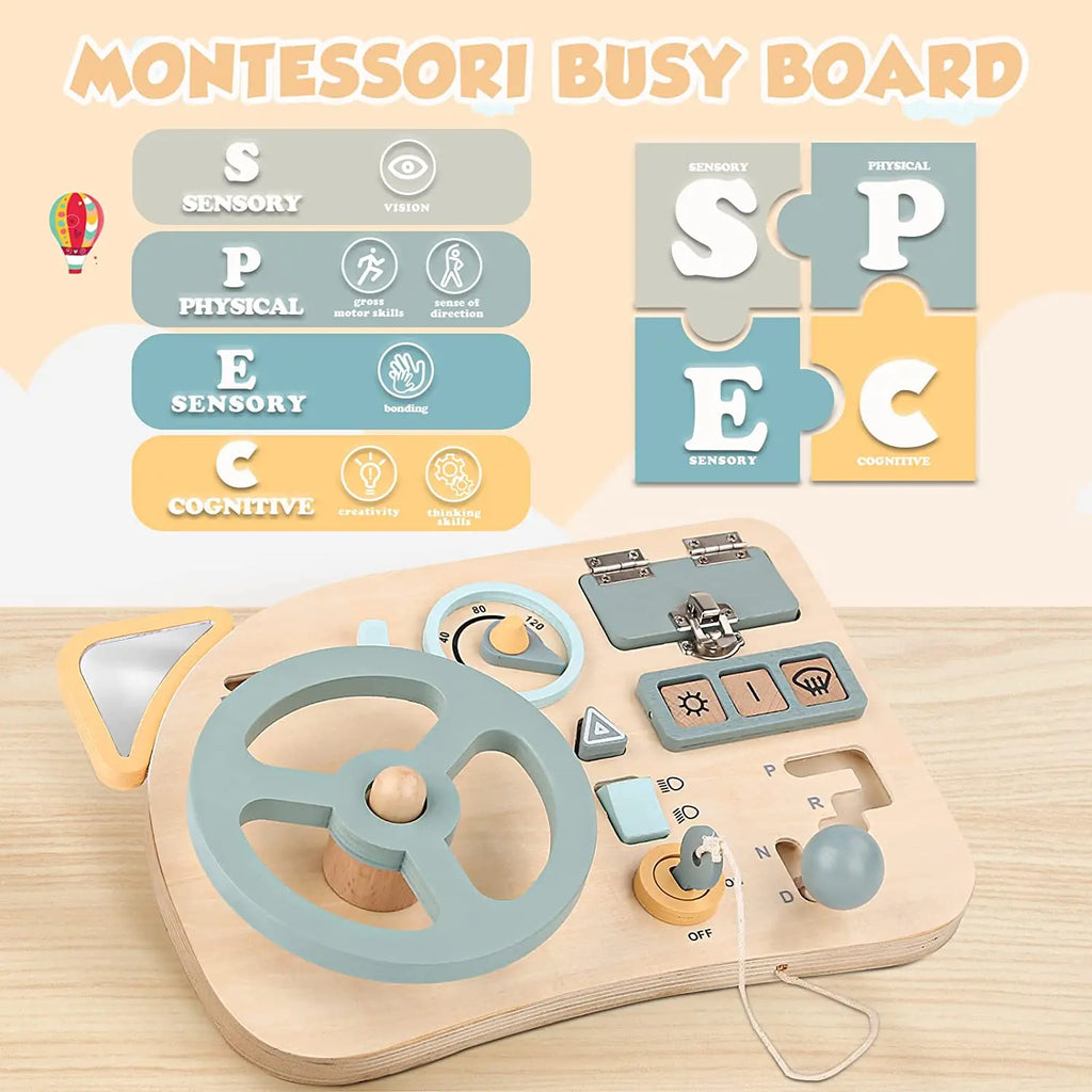 Wooden Steering Wheel Toy Dashboard with Interactive Controls