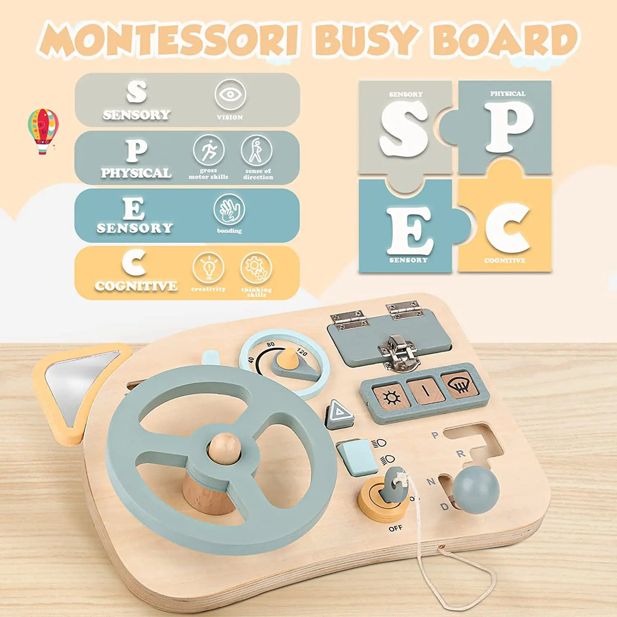 Wooden Steering Wheel Toy Dashboard with Interactive Controls