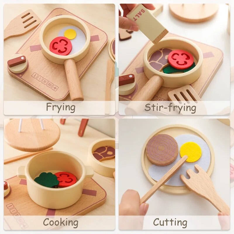 Wooden Kitchen Playset with Cooking Utensils and Food