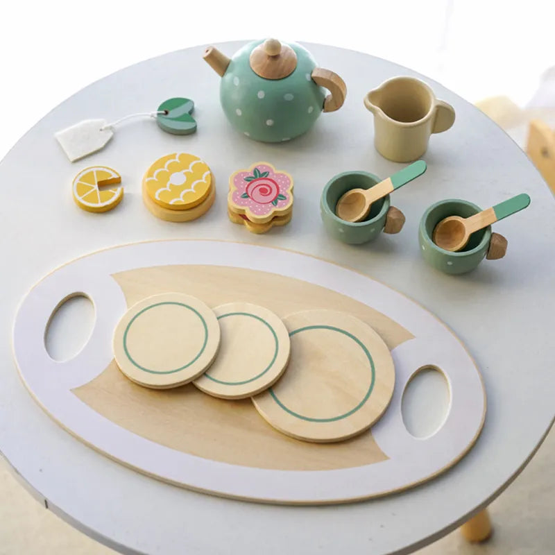 Wooden Tea Set for Pretend Play with Polka Dot Teapot