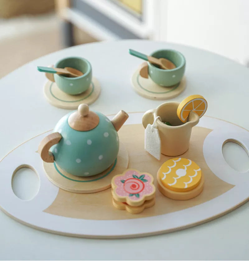 Wooden Tea Set for Pretend Play with Polka Dot Teapot