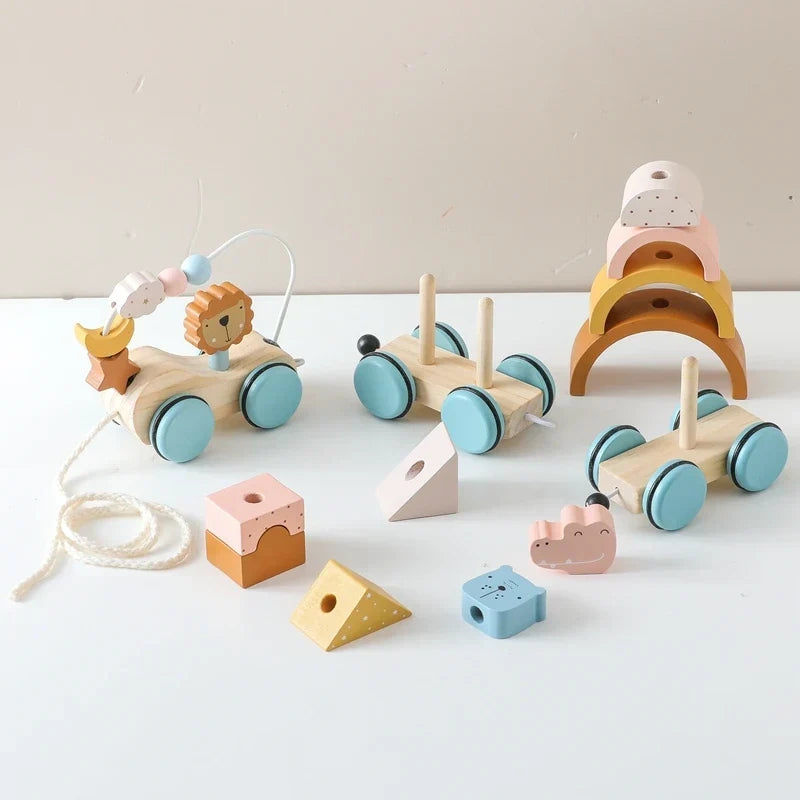 Wooden Pull Toy Train with Stacking Animals and Shapes