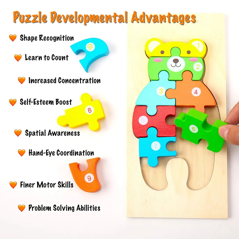Wooden Animal Puzzles, Numbered 4-Pack for Toddlers