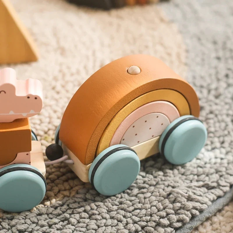 Wooden Pull Toy Train with Stacking Animals and Shapes