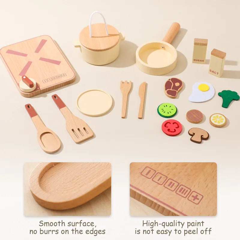 Wooden Kitchen Playset with Cooking Utensils and Food