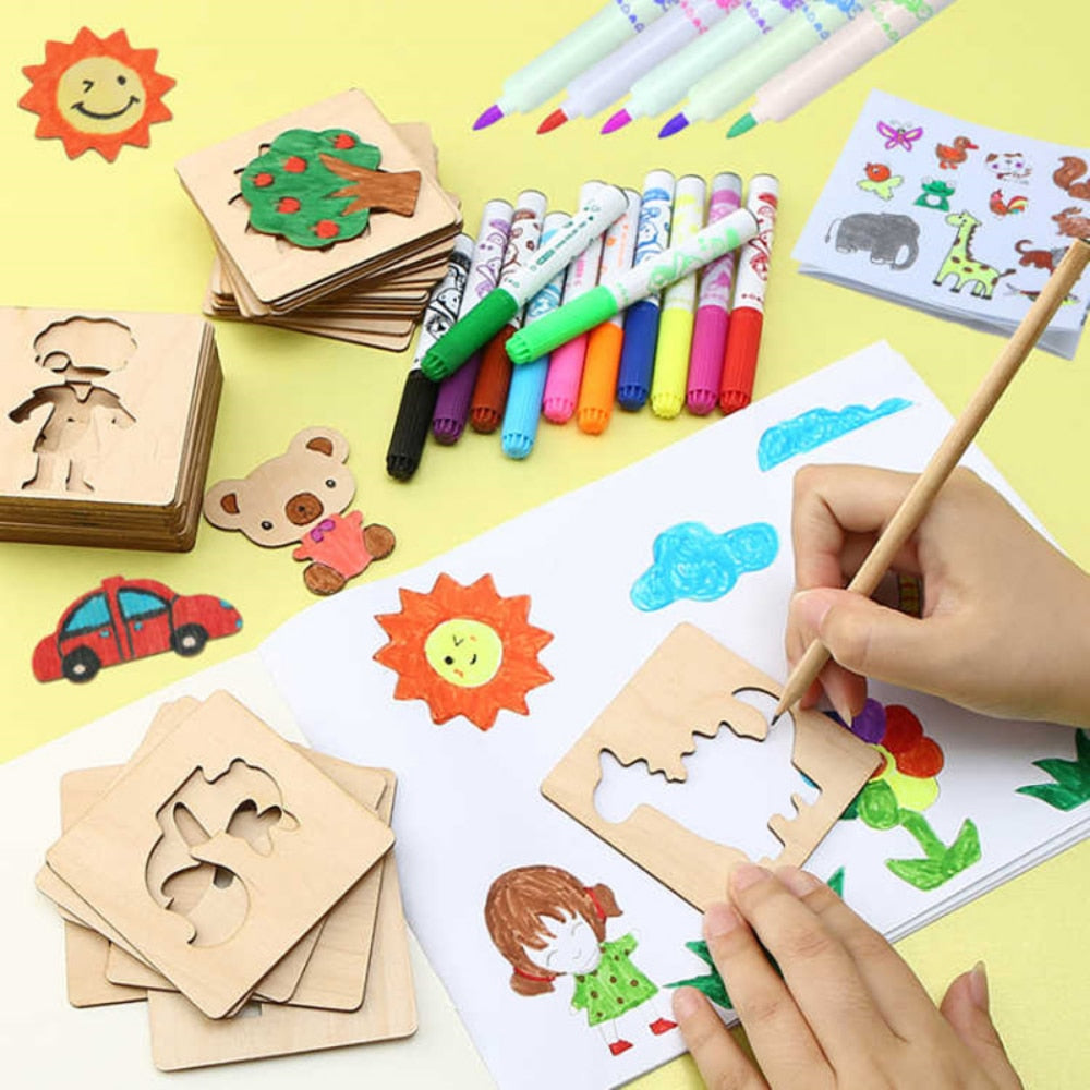 Wooden Drawing Stencils with 20 Engraved Templates