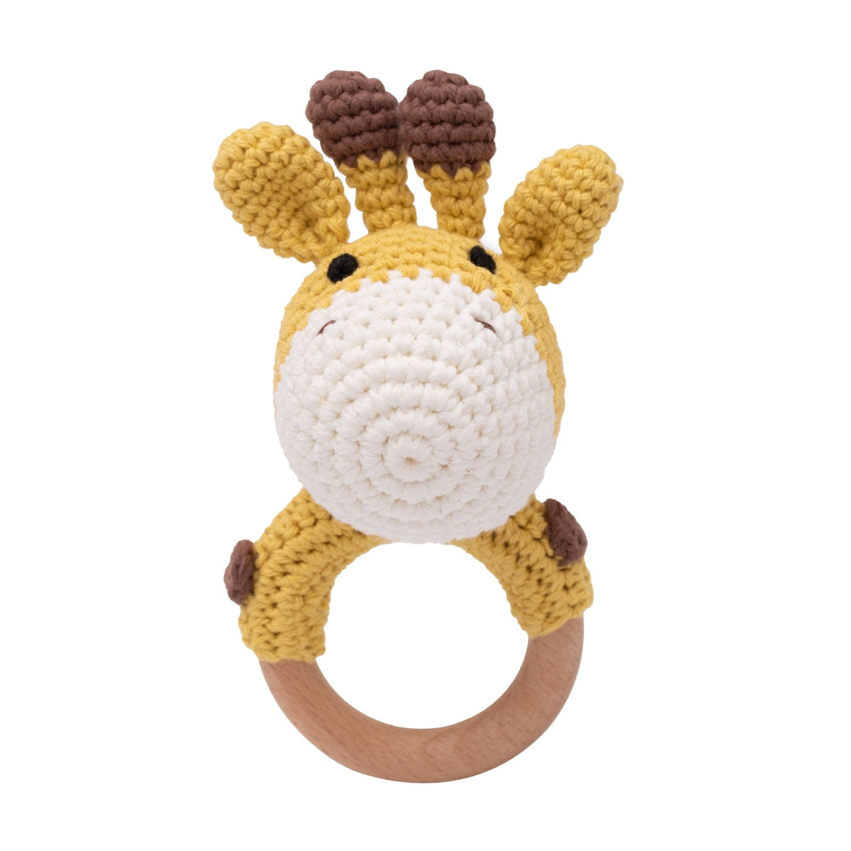 Crochet Baby Teether with Wooden Ring and Animal Design