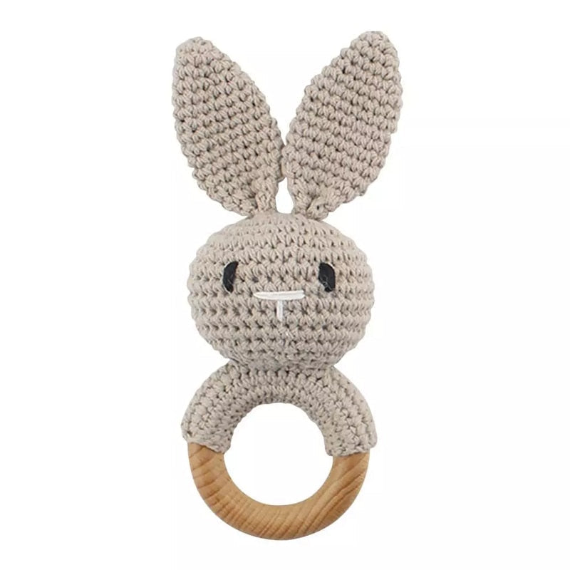 Crochet Baby Teether with Wooden Ring and Animal Design