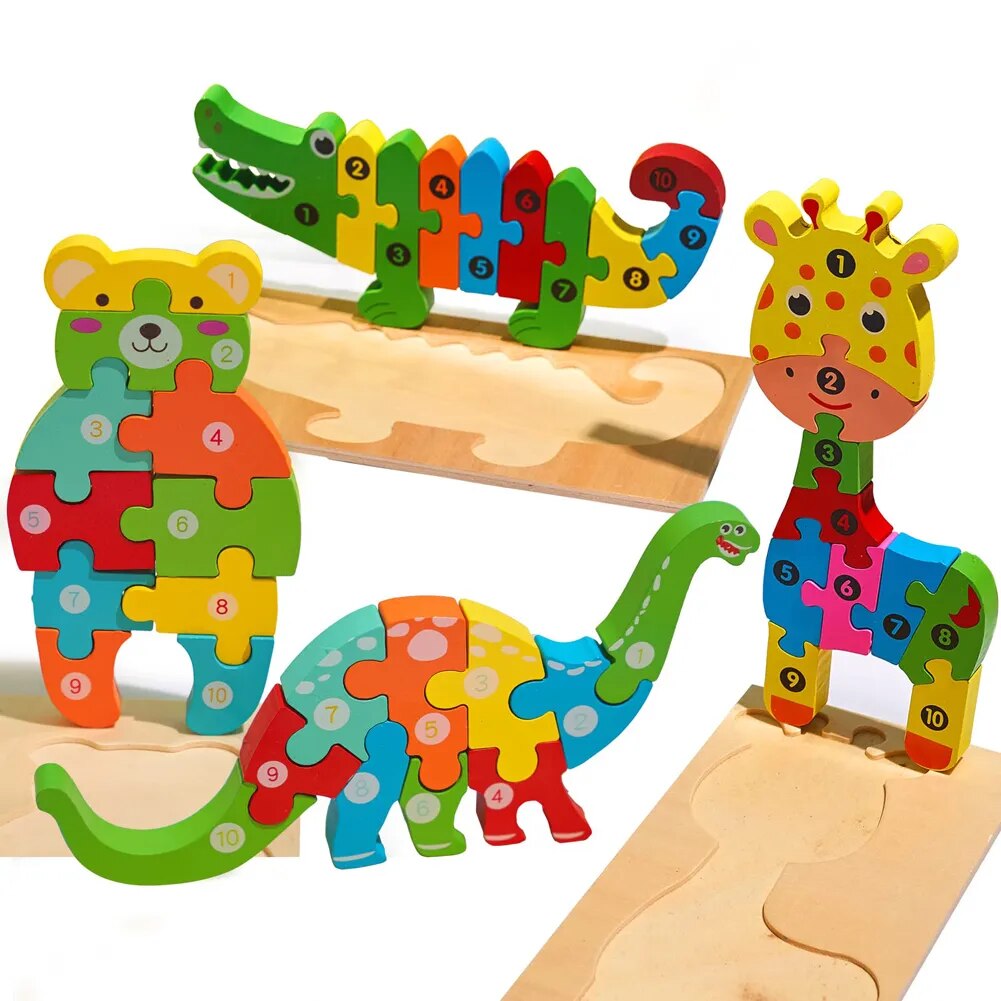 Wooden Animal Puzzles, Numbered 4-Pack for Toddlers