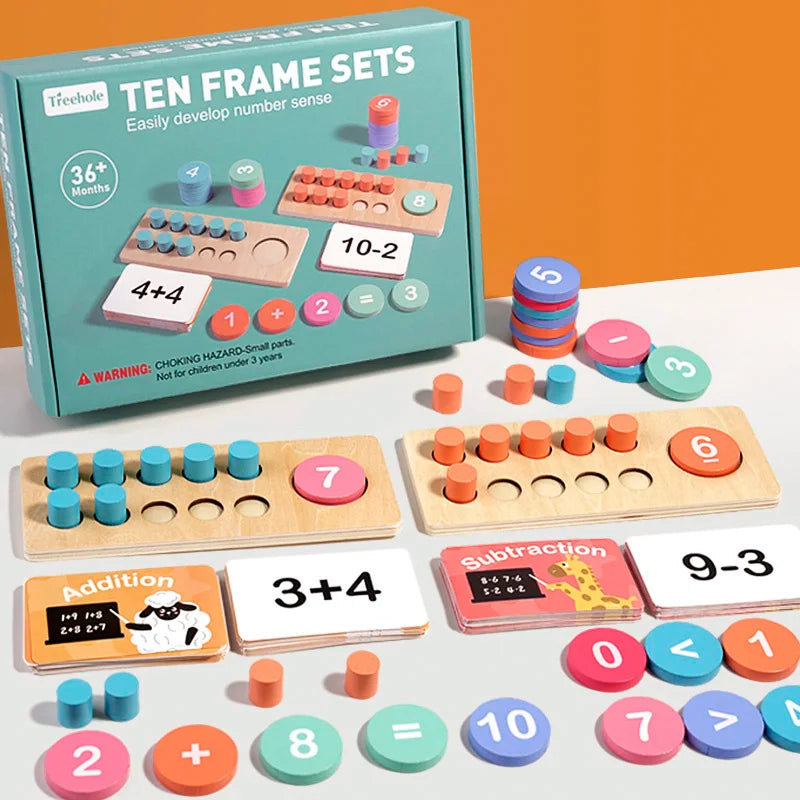 Ten Frame Math Toy Set with Counting Cards and Wooden Blocks