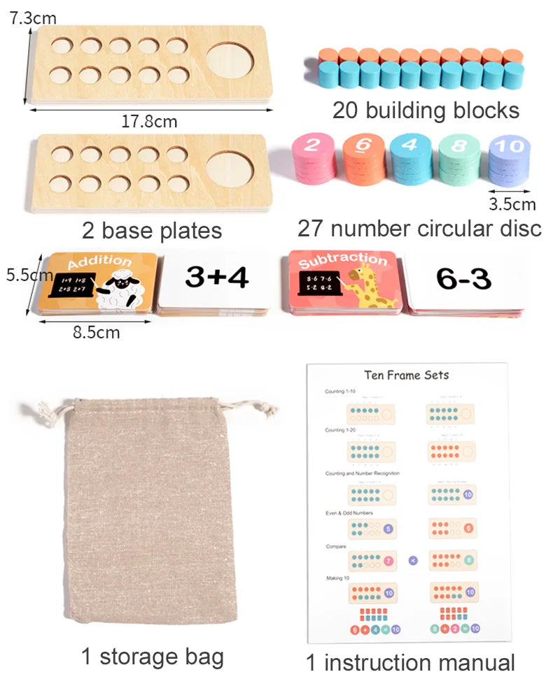 Ten Frame Math Toy Set with Counting Cards and Wooden Blocks
