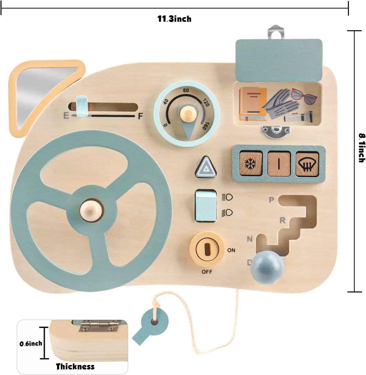 Wooden Steering Wheel Toy Dashboard with Interactive Controls