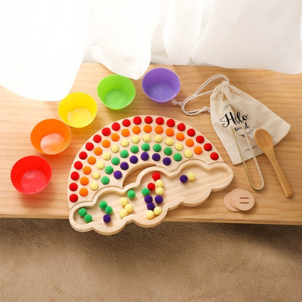 Wooden Rainbow Sorting Toy with Colorful Balls & Clip