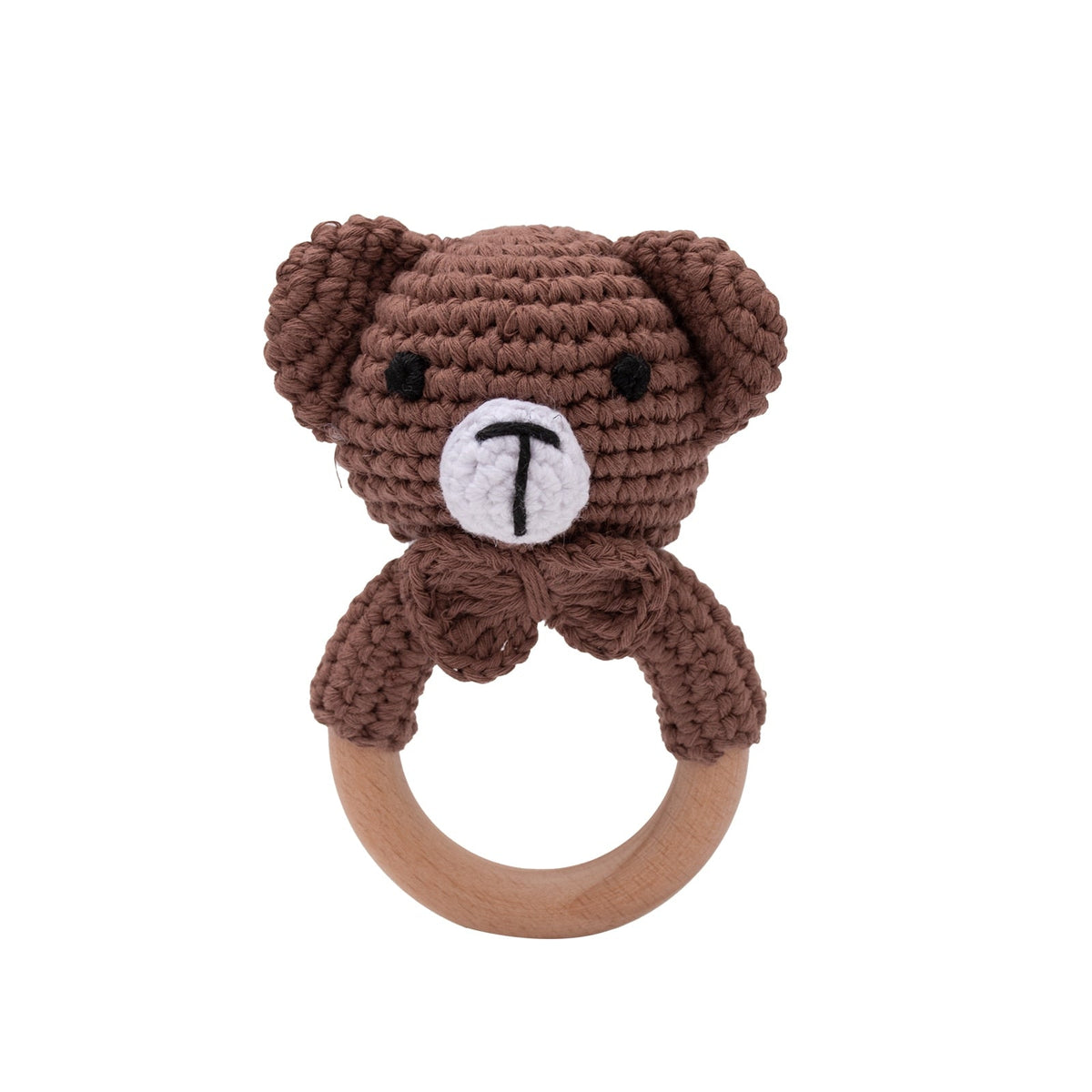 Crochet Baby Teether with Wooden Ring and Animal Design