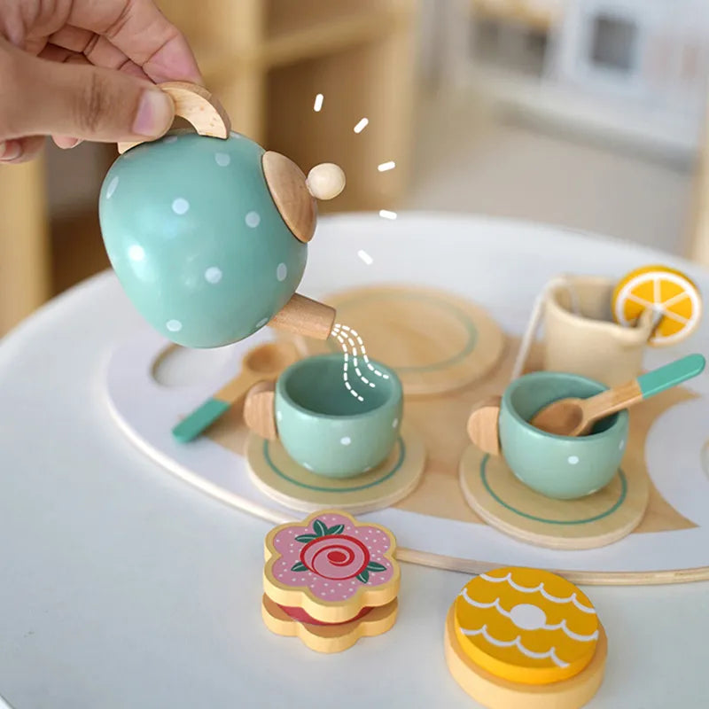 Wooden Tea Set for Pretend Play with Polka Dot Teapot