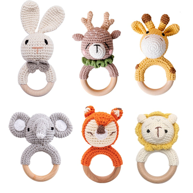 Crochet Baby Teether with Wooden Ring and Animal Design