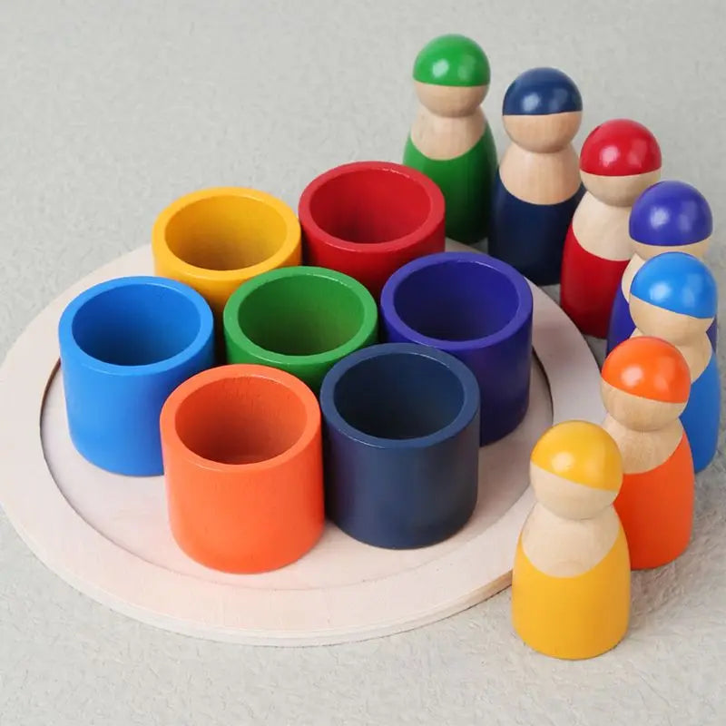 Rainbow Sorting Toy with 7 Wooden Pegs and Cups