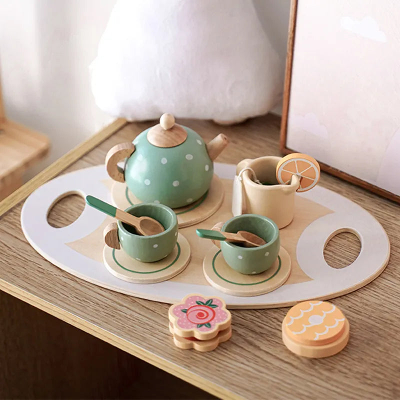 Wooden Tea Set for Pretend Play with Polka Dot Teapot