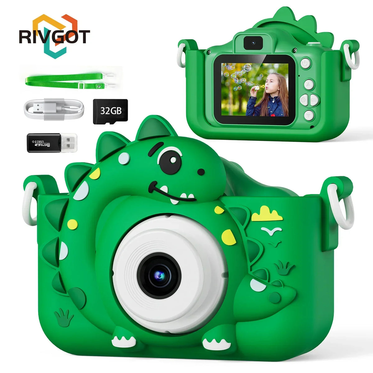 Kids Digital Camera with Dinosaur Design and 32GB Card