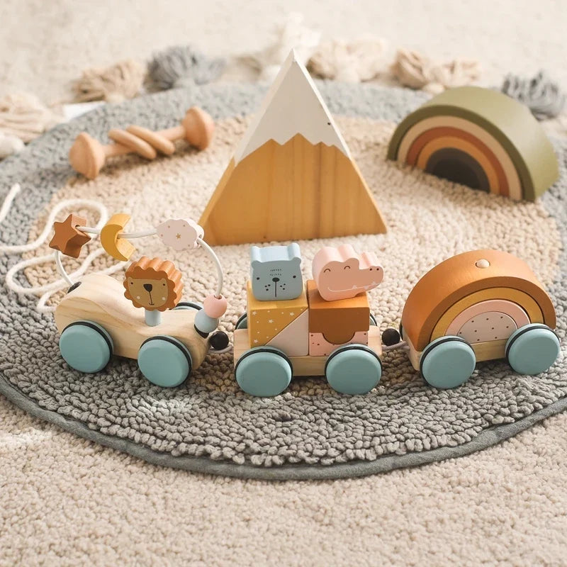 Wooden Pull Toy Train with Stacking Animals and Shapes