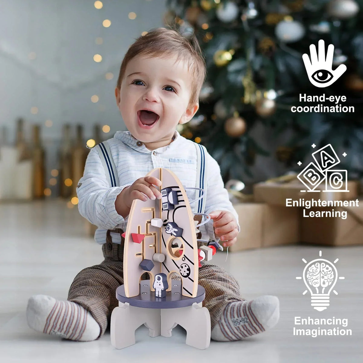Wooden Activity Rocket with Gears, Maze & Bead Counters