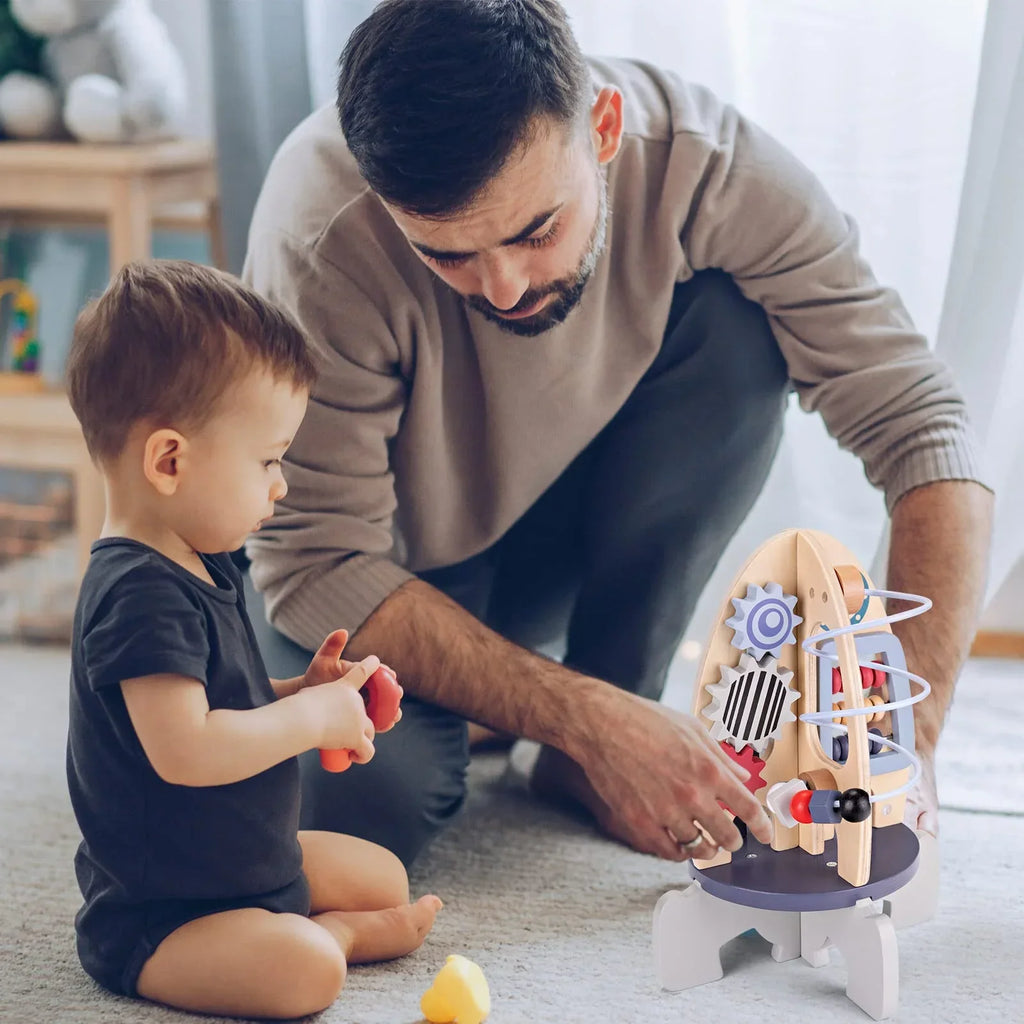 Wooden Activity Rocket with Gears, Maze & Bead Counters