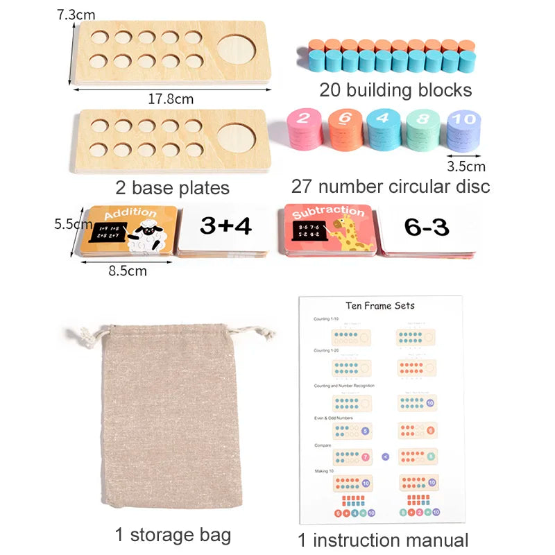 Ten Frame Math Toy Set with Counting Cards and Wooden Blocks